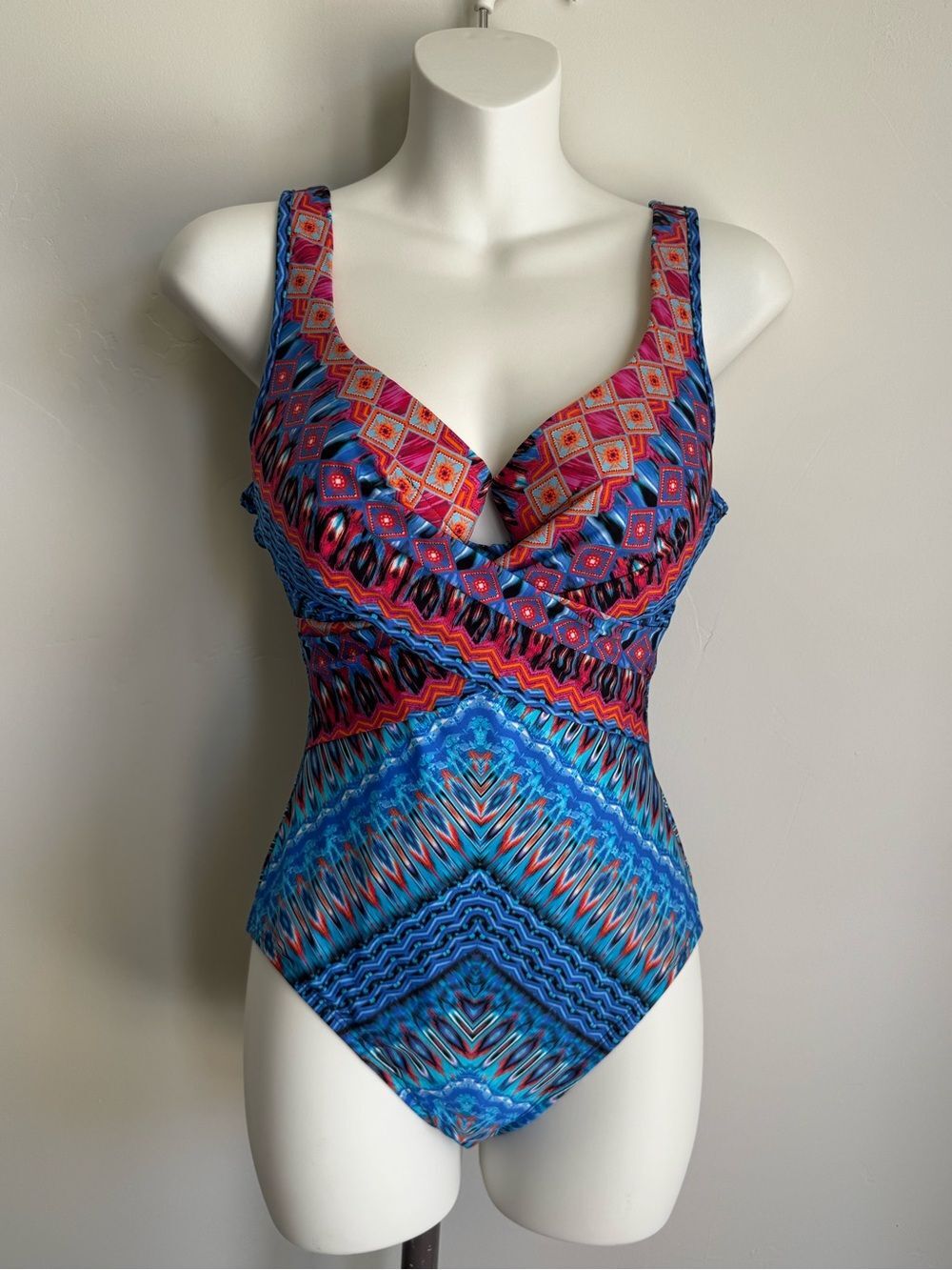 Miraclesuit Vibrant Blue and Pink Geometric One-Piece Swimsuit Size 8